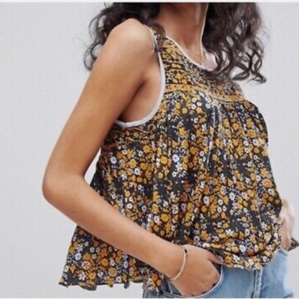 Free People Tank Top Lucky Coin Cropped Babydoll Floral Linen Blend Yellow Grey